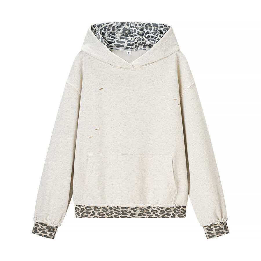 Women's Leopard Print Paneled Hooded Sweatshirt Loose Fit