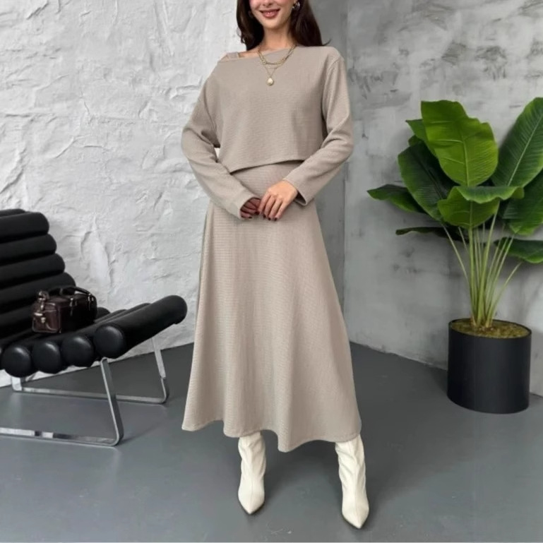 Off-Shoulder Knit Top and Long Skirt Two-Piece Set