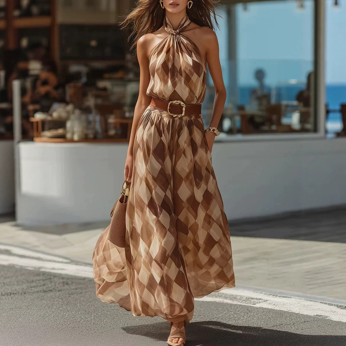 Retro Brown Argyle Halter Sleeveless Dress with Belt