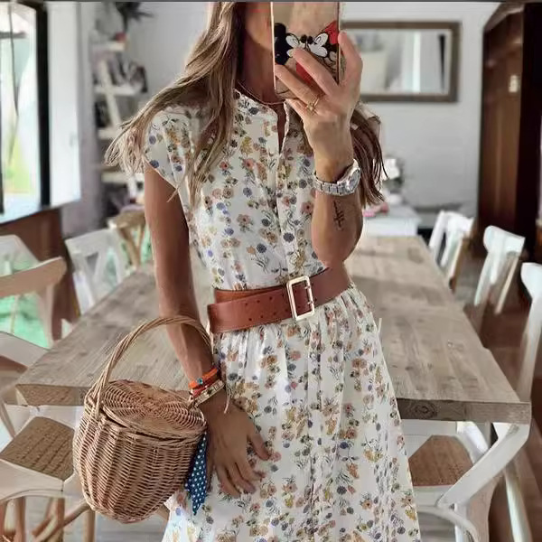 Floral Print Split Midi Dress with Belt