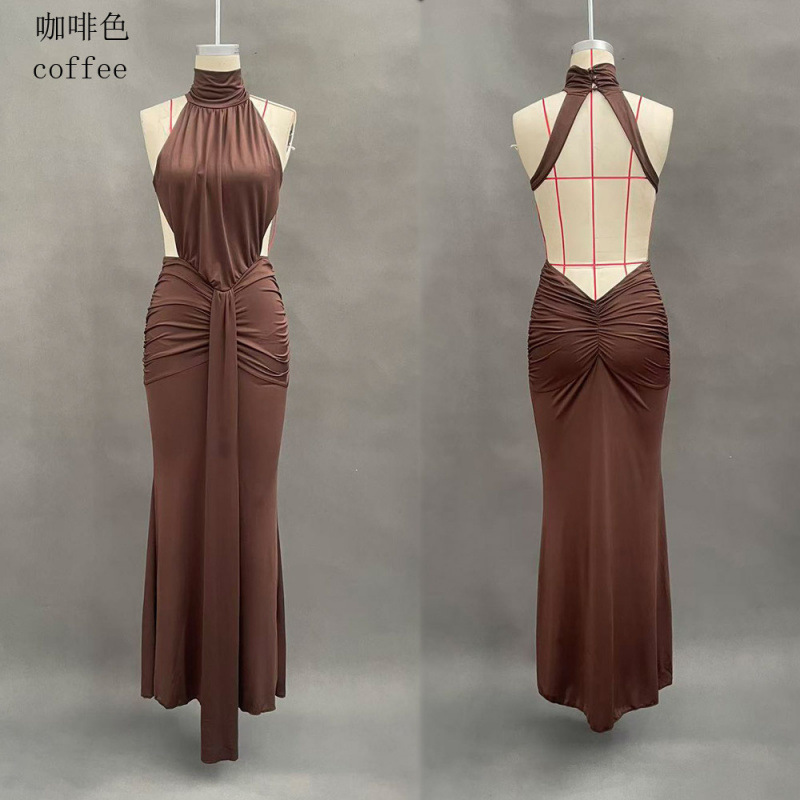 Women's Halter Ruched Bodycon Long Dress High Neck Open Back Evening Gown