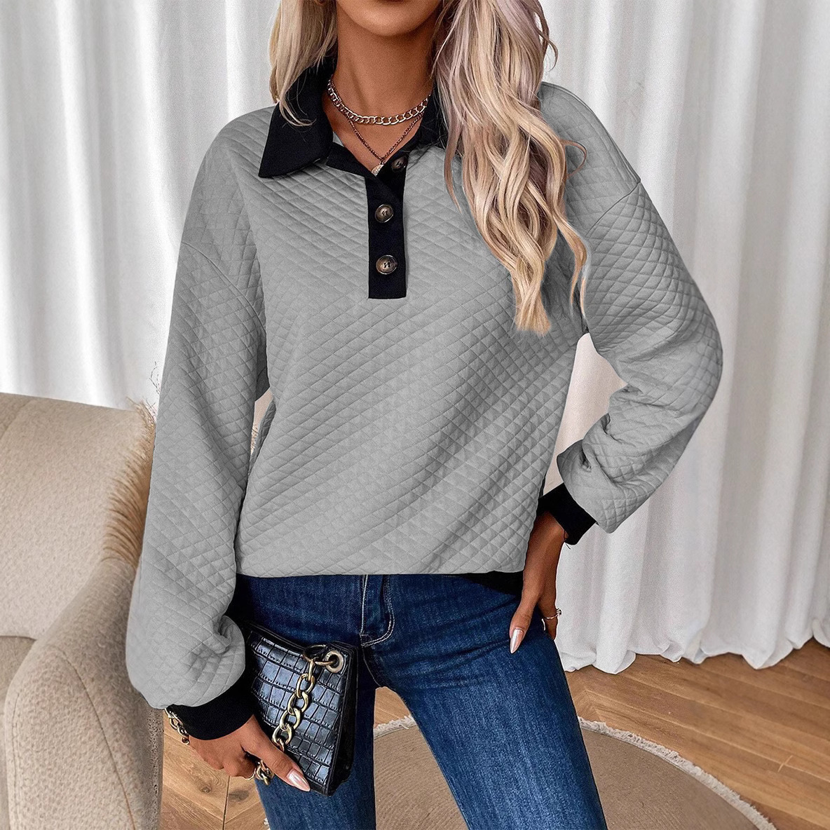 Women's Color-Block Buttoned Collar Pullover Sweatshirt Loose Fit