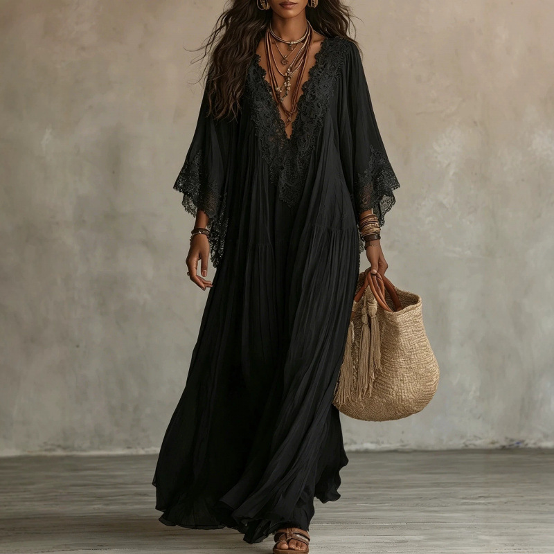 Women's Lace Panel V-Neck Long Dress with Batwing Sleeves for Beach Vacation