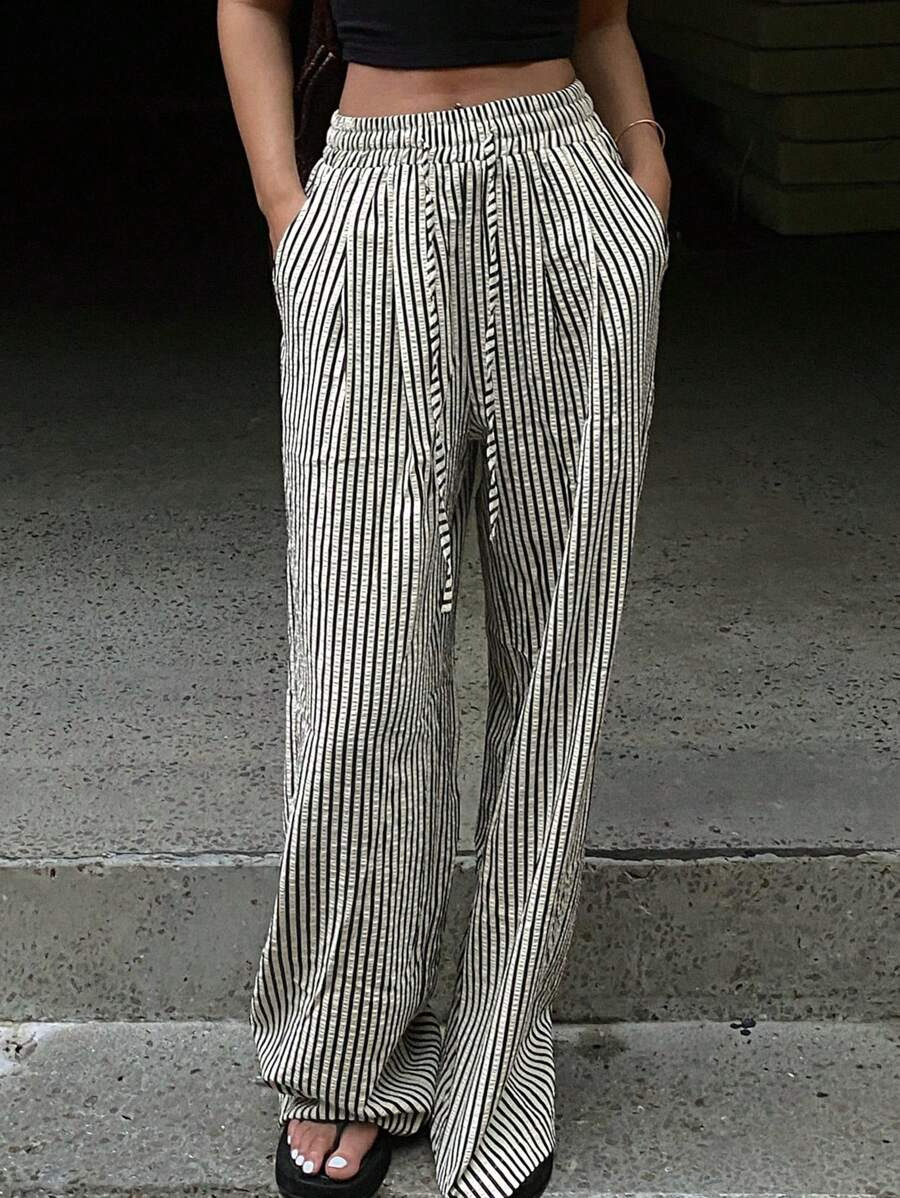 Women's Lightweight Pinstripe Straight-Leg Pants Relaxed Fit