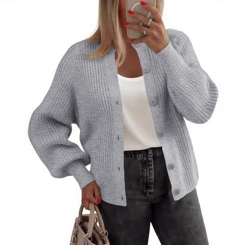 Women's Chunky Knit Button-Front Cardigan Sweater Long Sleeve Crew Neck