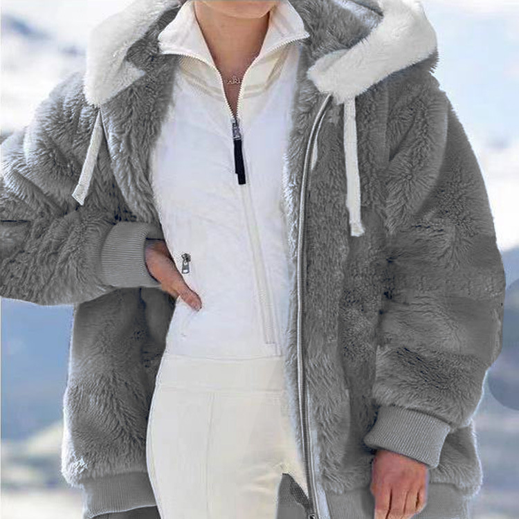 Women's Oversized Fuzzy Fleece Zip-Up Hooded Jacket