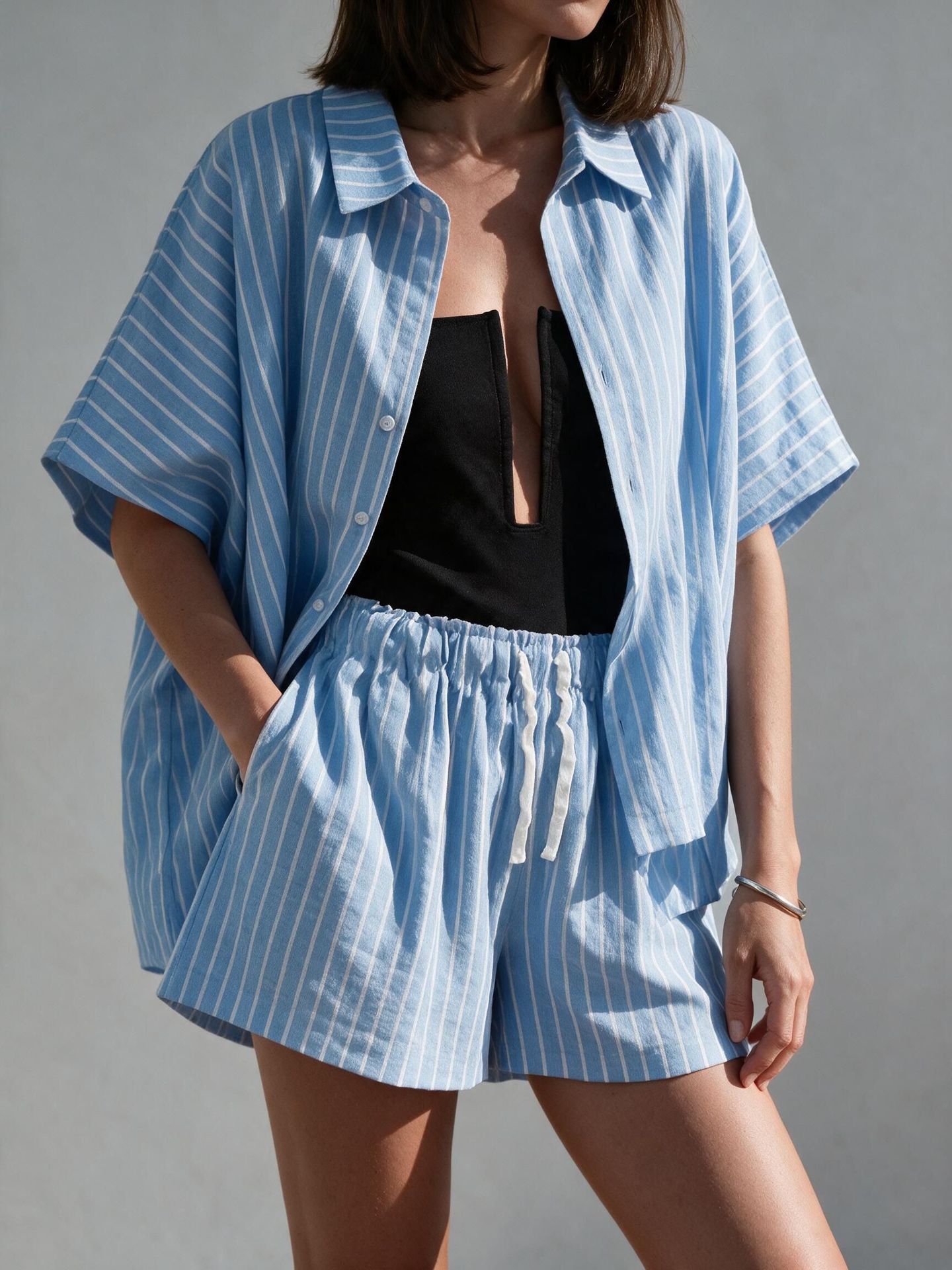 Striped Short Sleeve Shirt and Pocket Shorts Casual Two-Piece Set