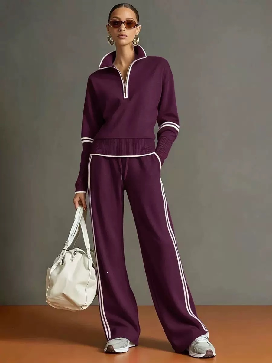 Women's Color-Block Stand Collar Hoodie & Wide-Leg Pants Casual Sport Set