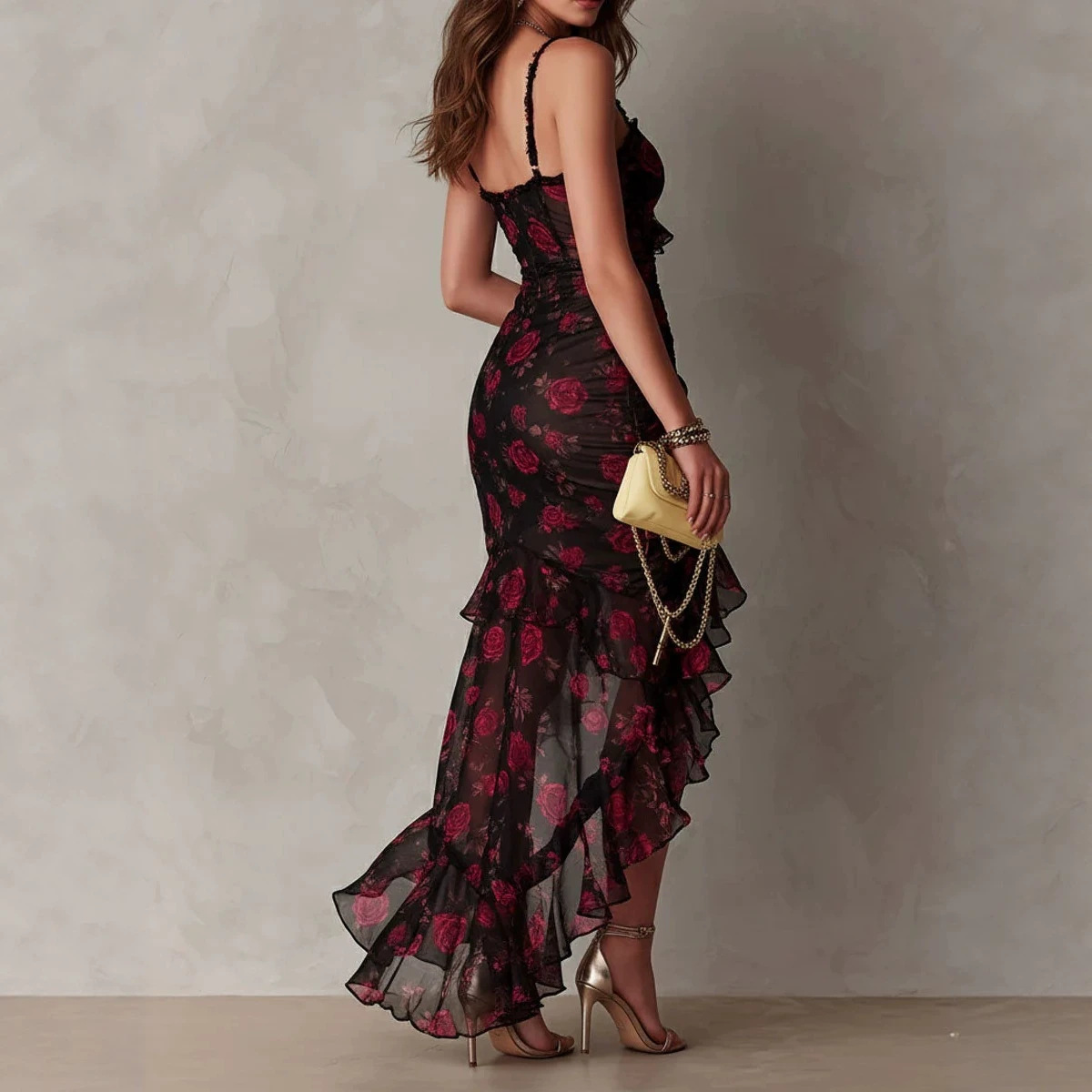 Black Floral Sleeveless Ruffle Midi Dress