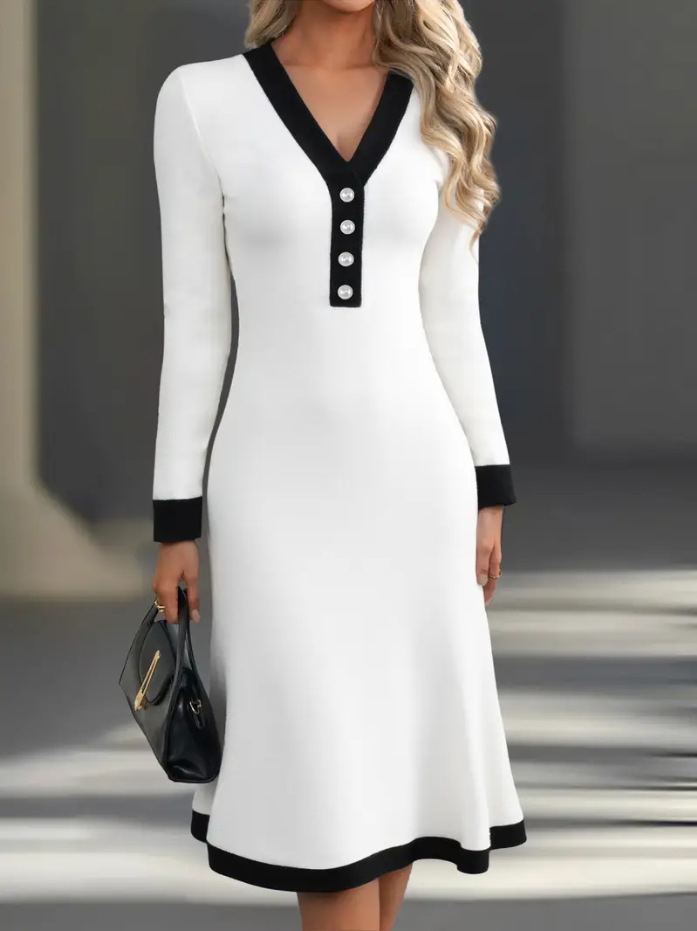 Elegant Color-Block V-Neck Midi Dress for Commuting