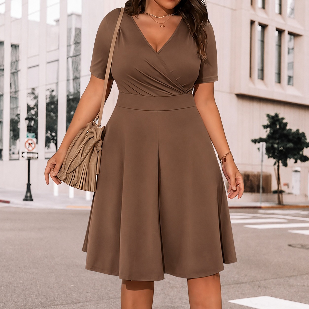 Women's V-Neck Pleated Midi Dress Short Sleeve Solid Color
