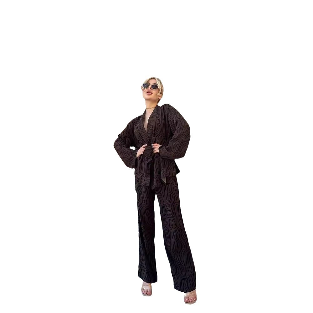Striped Long-Sleeve Loungewear Set with Tie Shirt and Pants