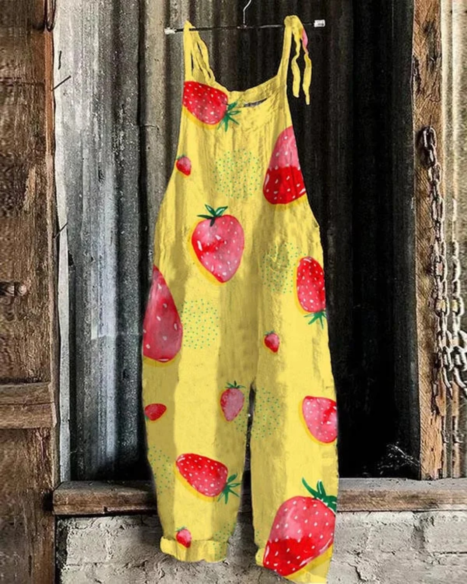 Women's Polka Dot Fruit Print Sleeveless Jumpsuit Casual Tie-Waist