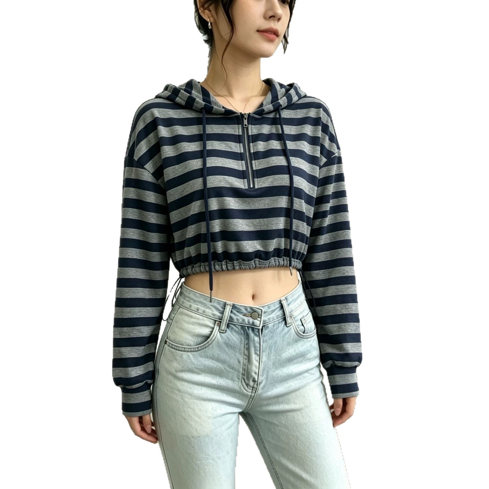 Half-Zip Hooded Drawstring Sweatshirt Zebra Print Cropped Fit