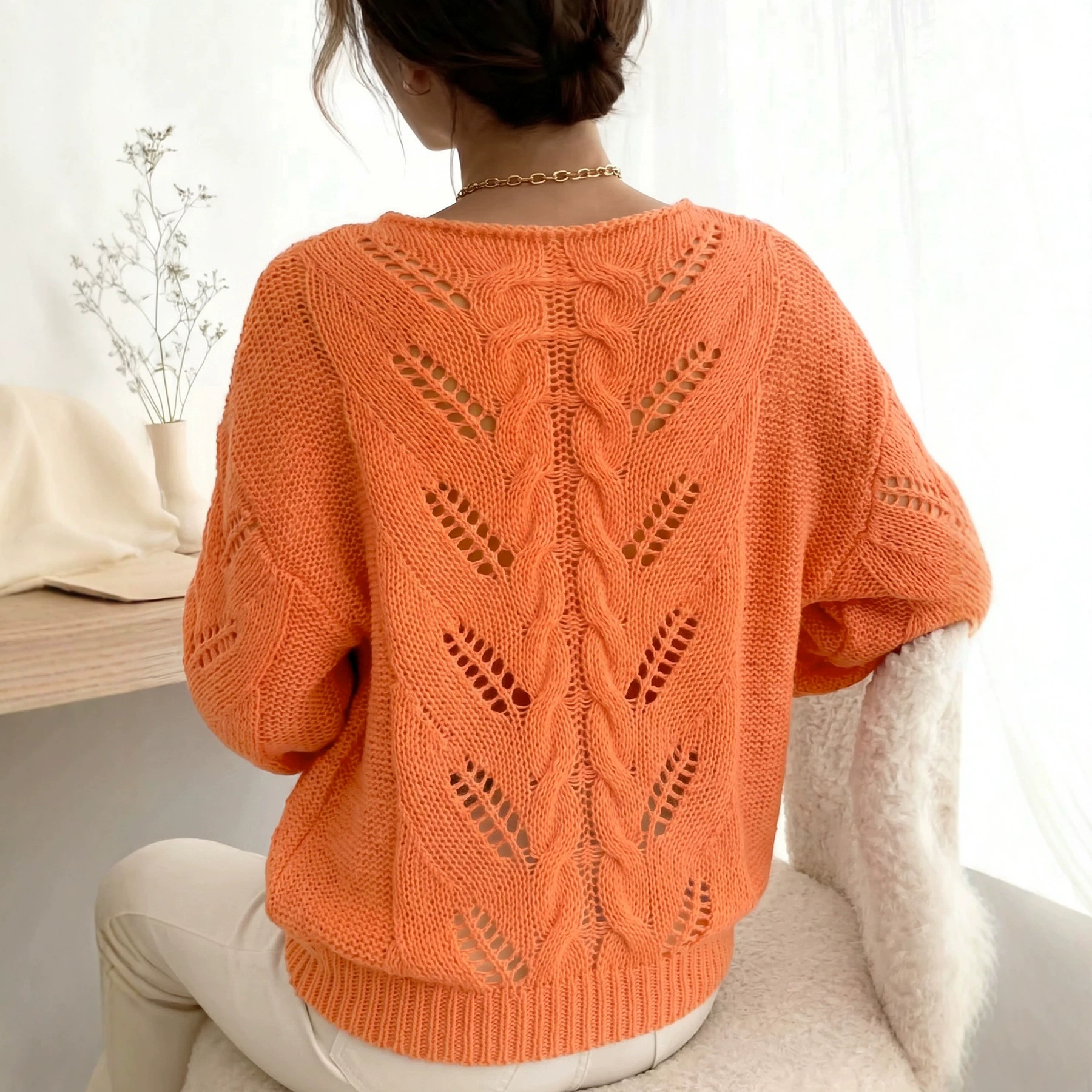 Women's Openwork Cable Knit Sweater Loose Crewneck Long Sleeve