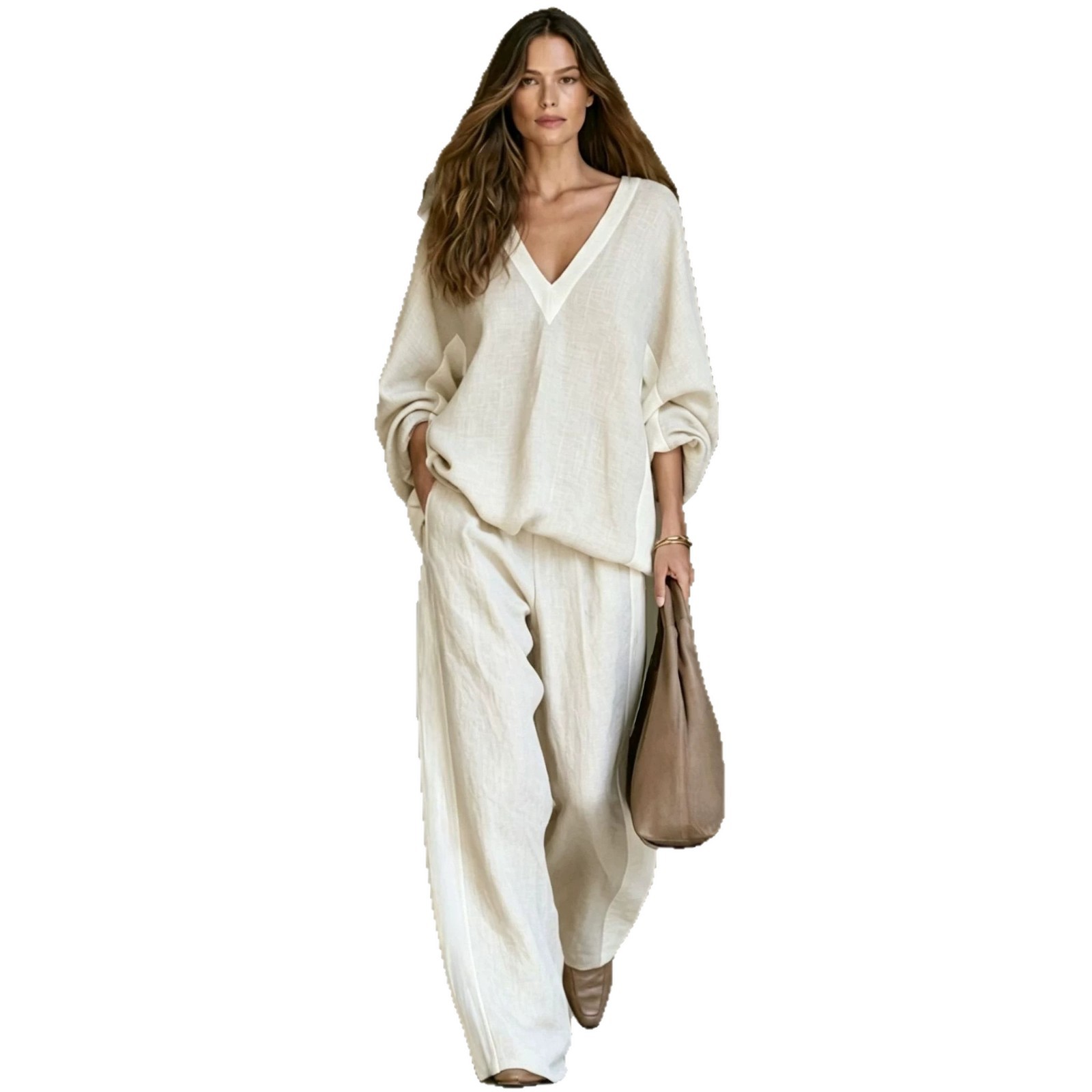 V-Neck Loose Wide-Leg Two-Piece Pants Set