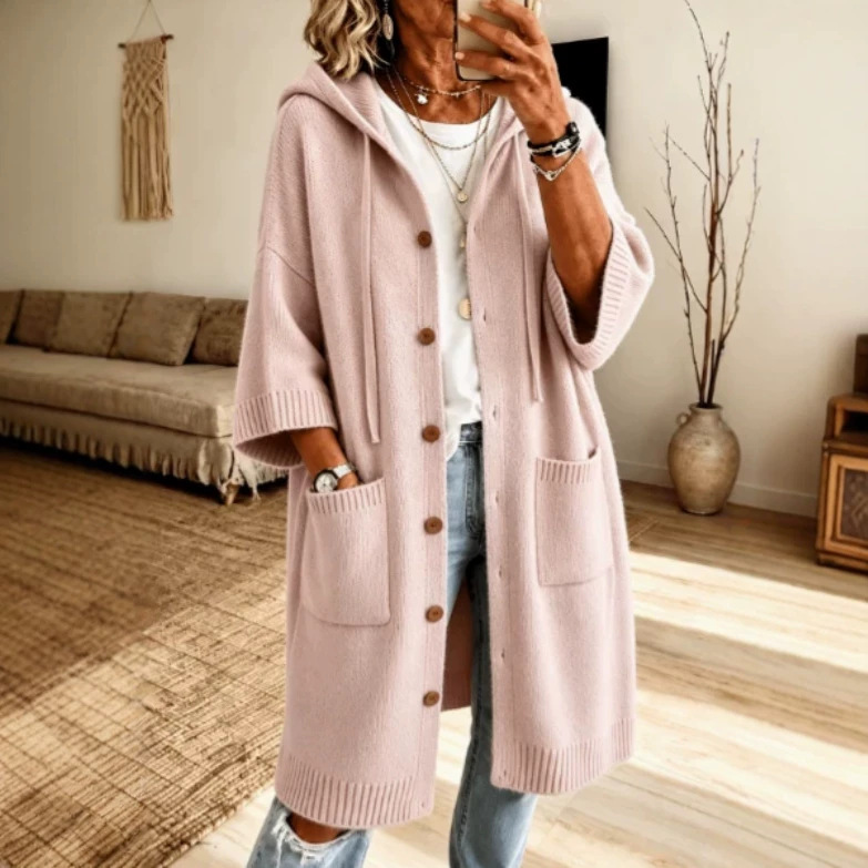 Women's Knit Hooded Drawstring Sweater Loose Fit Long Sleeve