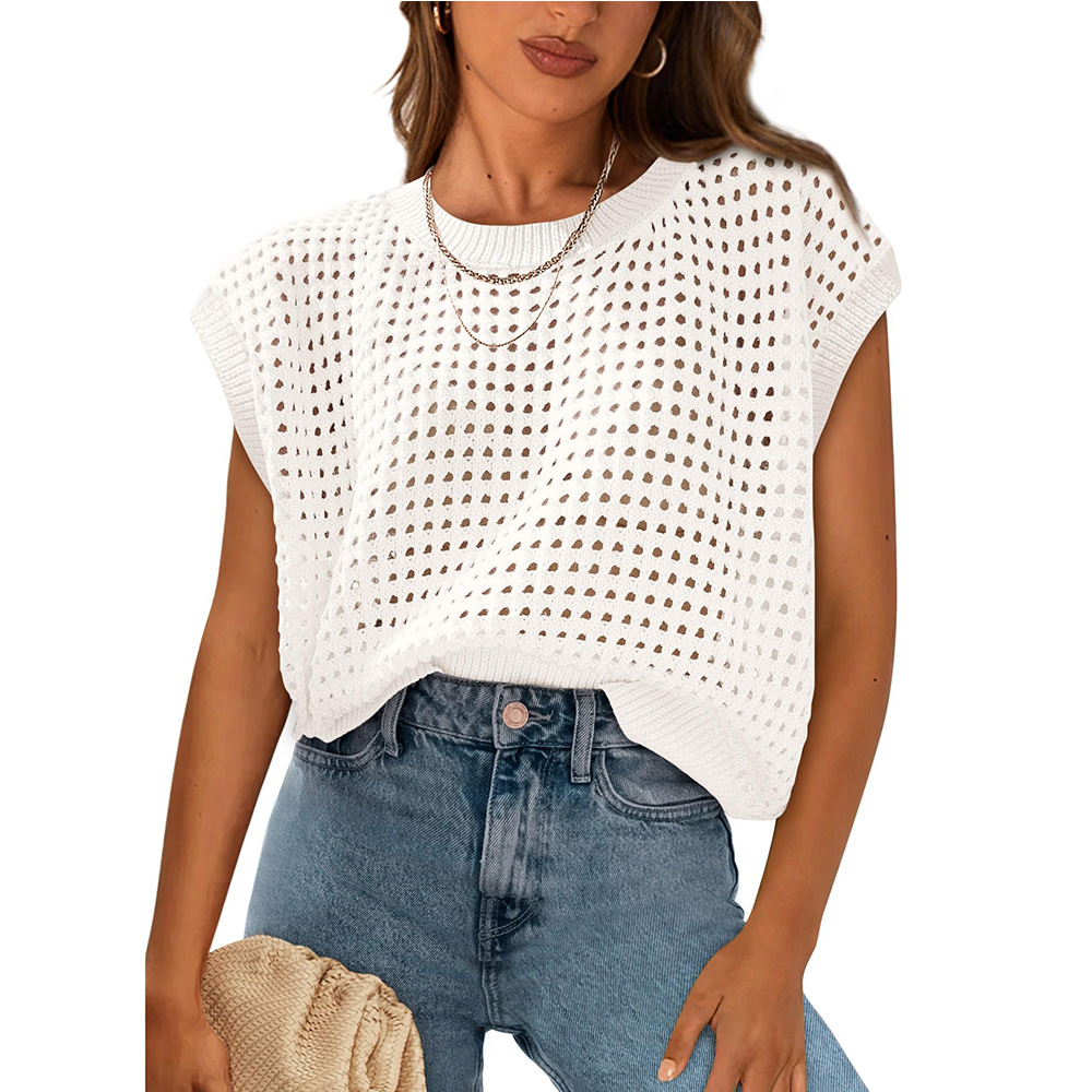 Women's Round Neck Hollow Out Knit Sun Protection Cover-Up