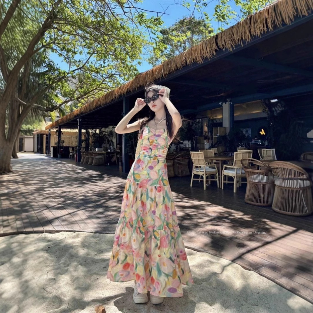 Floral Oil Painting Cami Maxi Dress A-Line U-Neck Sleeveless