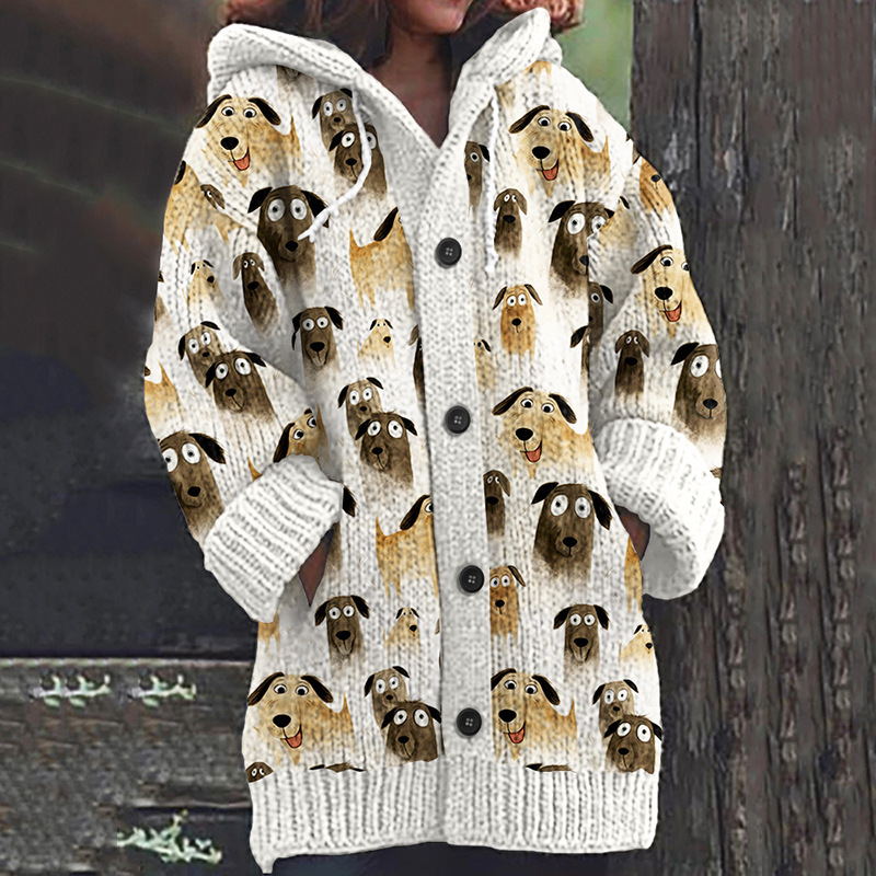 Women's Vintage Animal Print Hooded Button Cardigan
