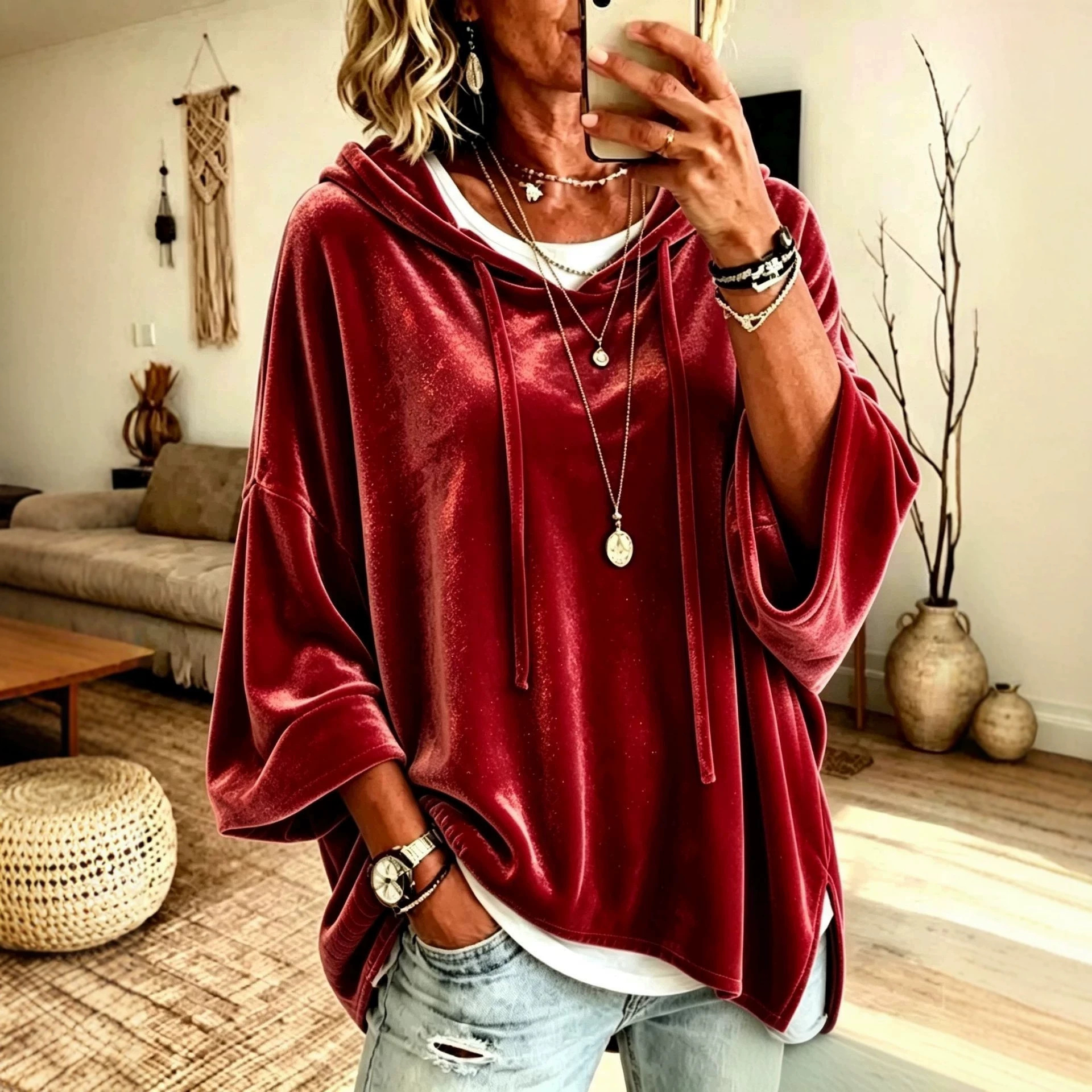 Women's Velvet Hooded Drawstring Sweatshirt Loose Fit