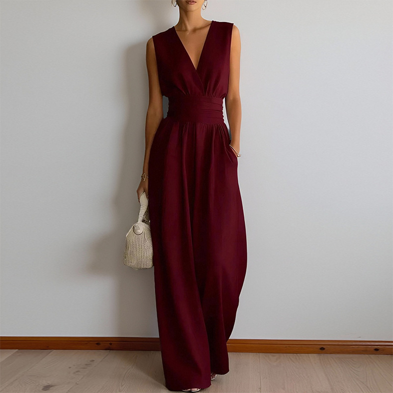 Elegant V-Neck High-Waist Wide-Leg Jumpsuit