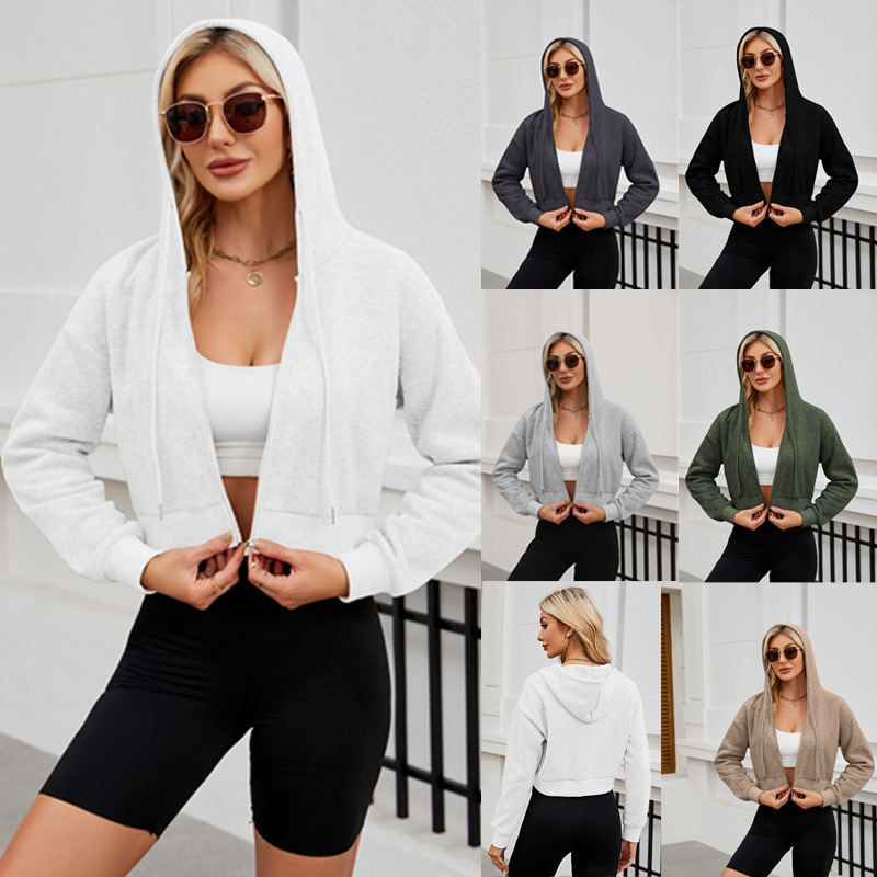 Women's Zip-Up Hooded Drawstring Cropped Long-Sleeve Sweatshirt