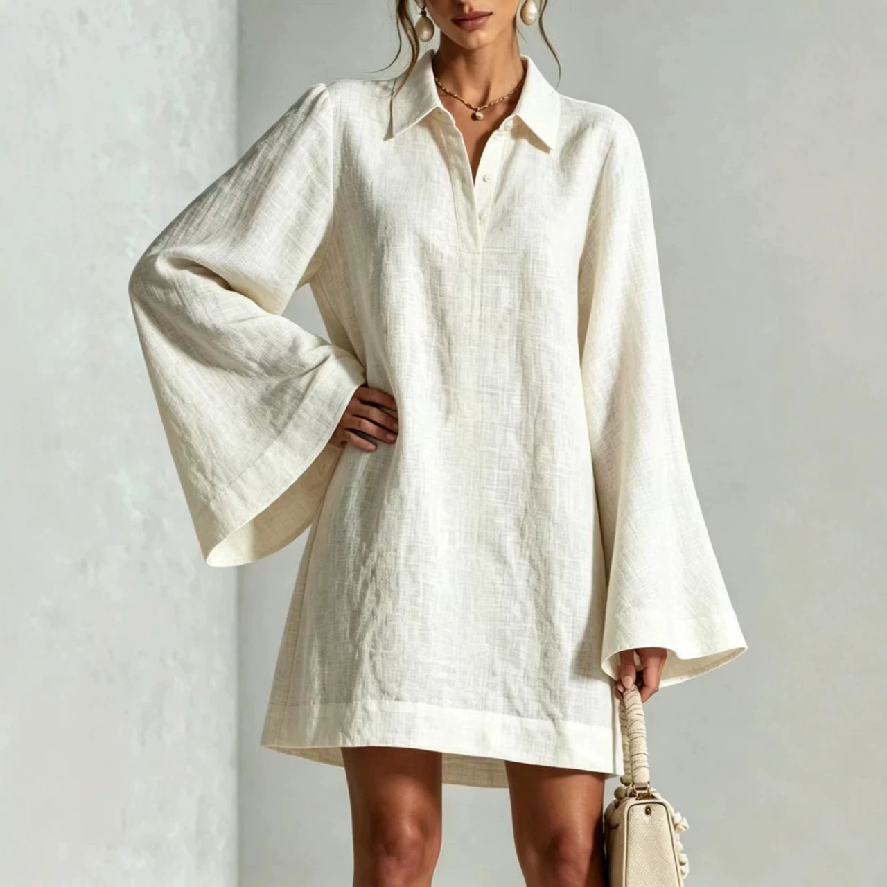 Women's Solid Color Flare Sleeve Dress with Lapel Collar, Loose Casual Midi