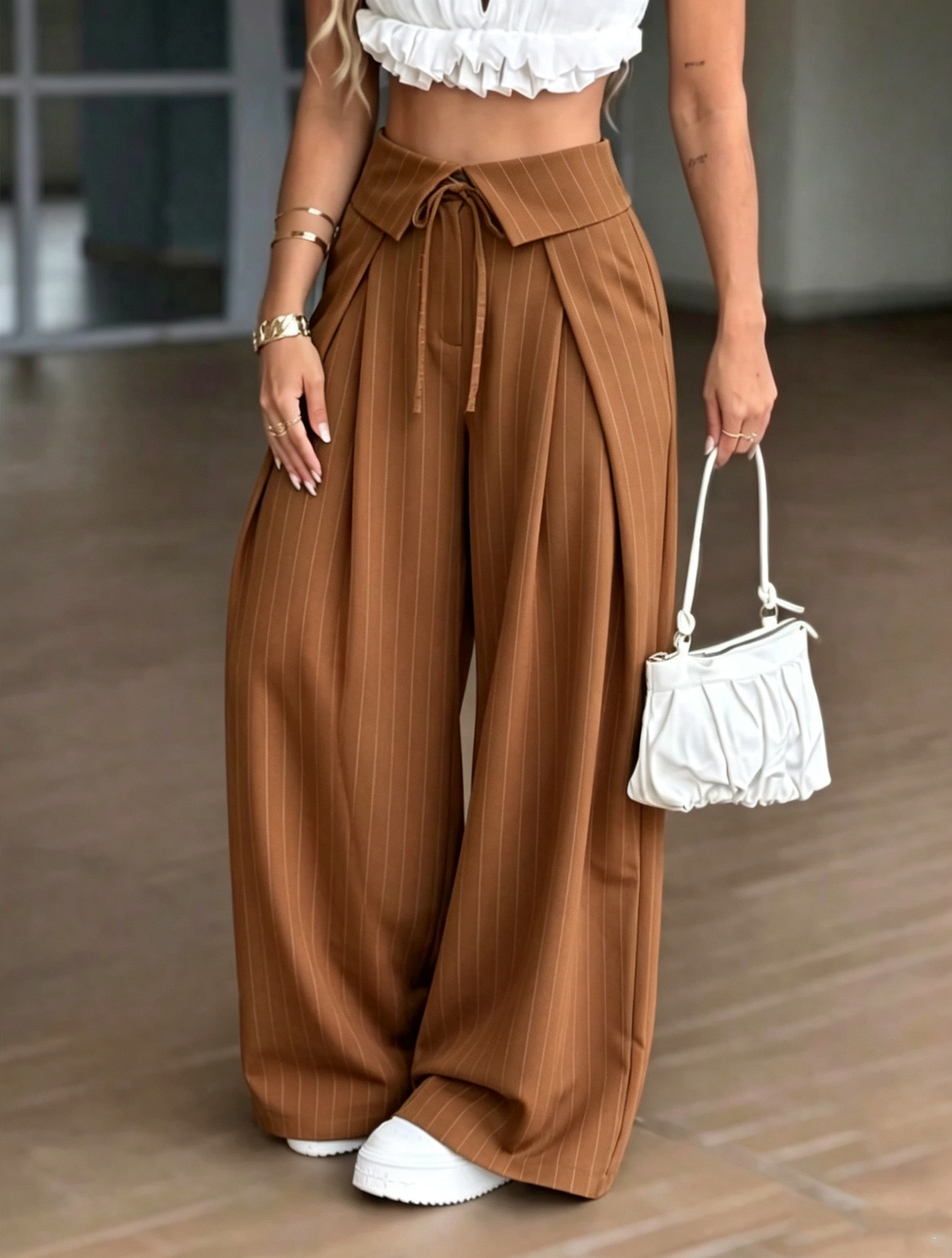 High-Waist Striped Wide-Leg Suit Pants Casual Trousers