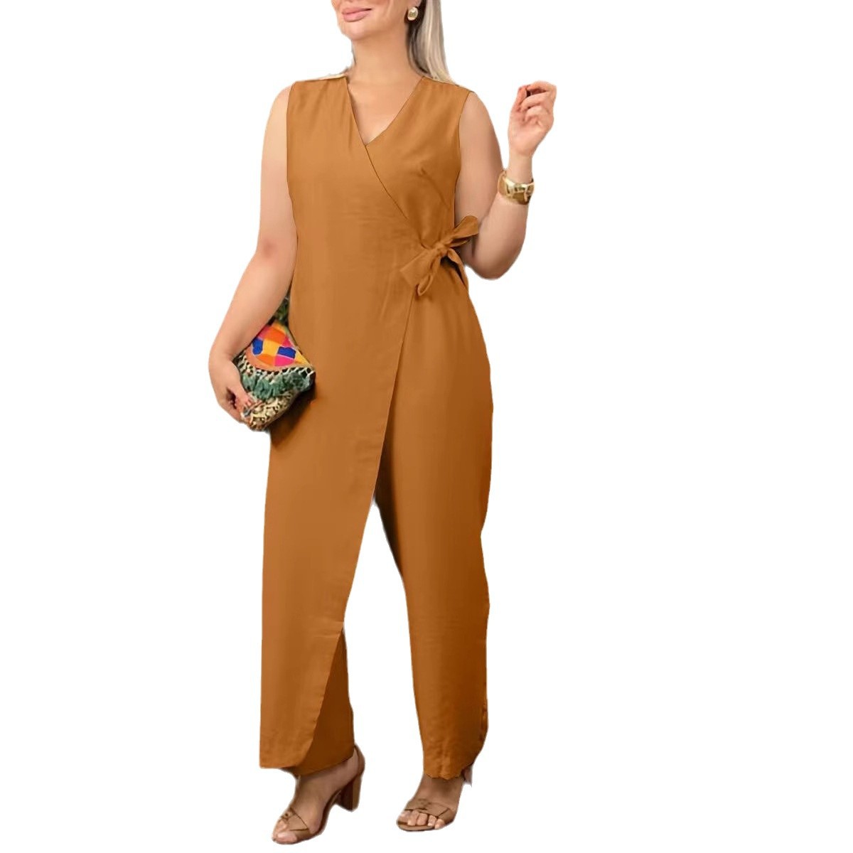 Women's Solid V-Neck Belted Jumpsuit Casual Sleeveless