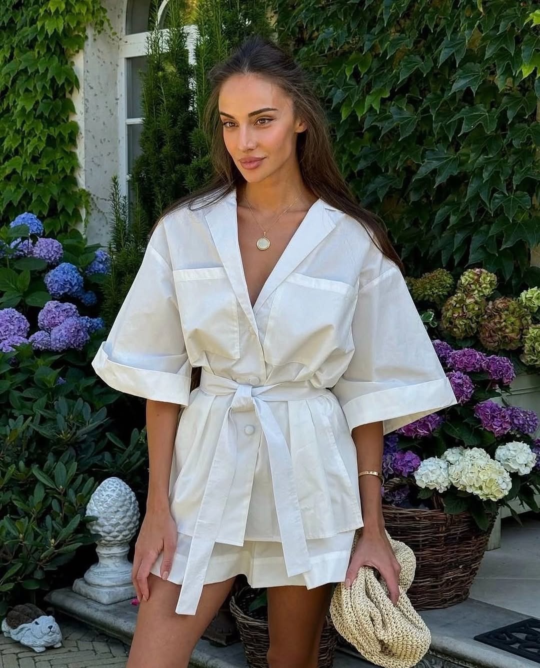 Women's Collared Half-Sleeve Tie Shirt & Shorts Set