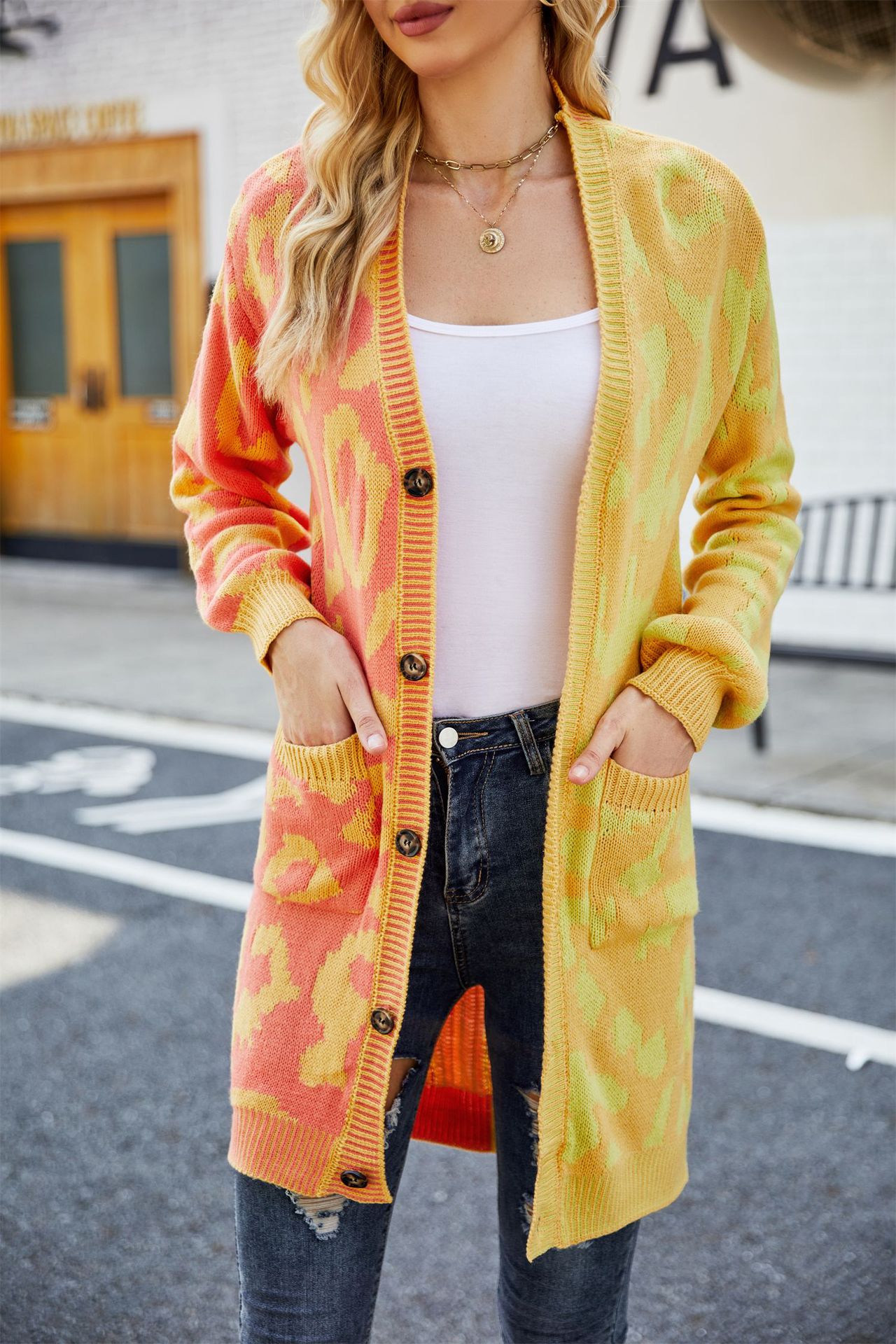 Leopard Print Color Block Knit Cardigan Mid-Length Women's Sweater