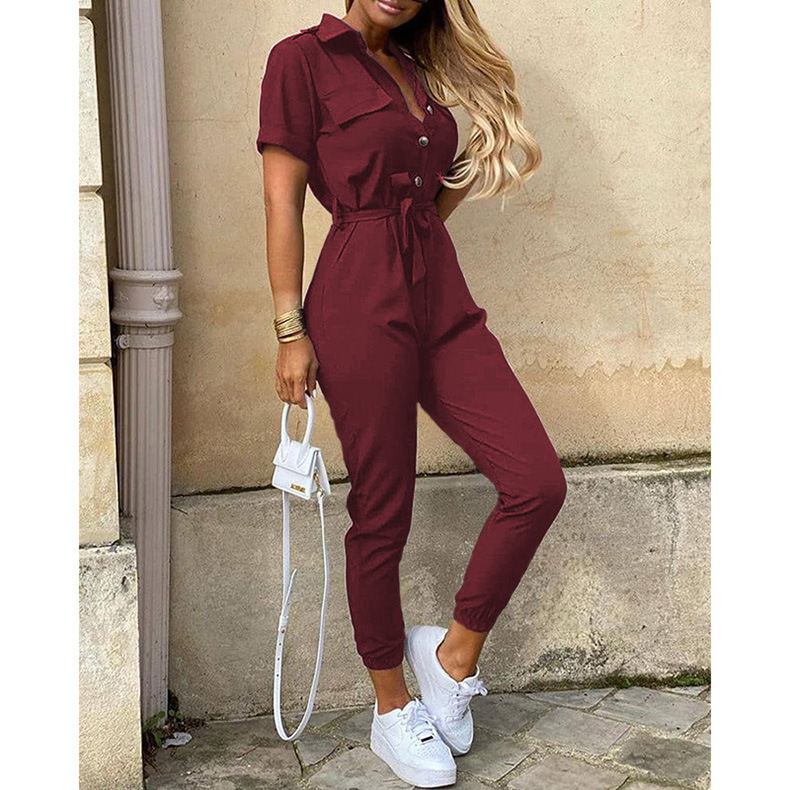 Women's Short Sleeve Button-Front Printed Cargo Jumpsuit
