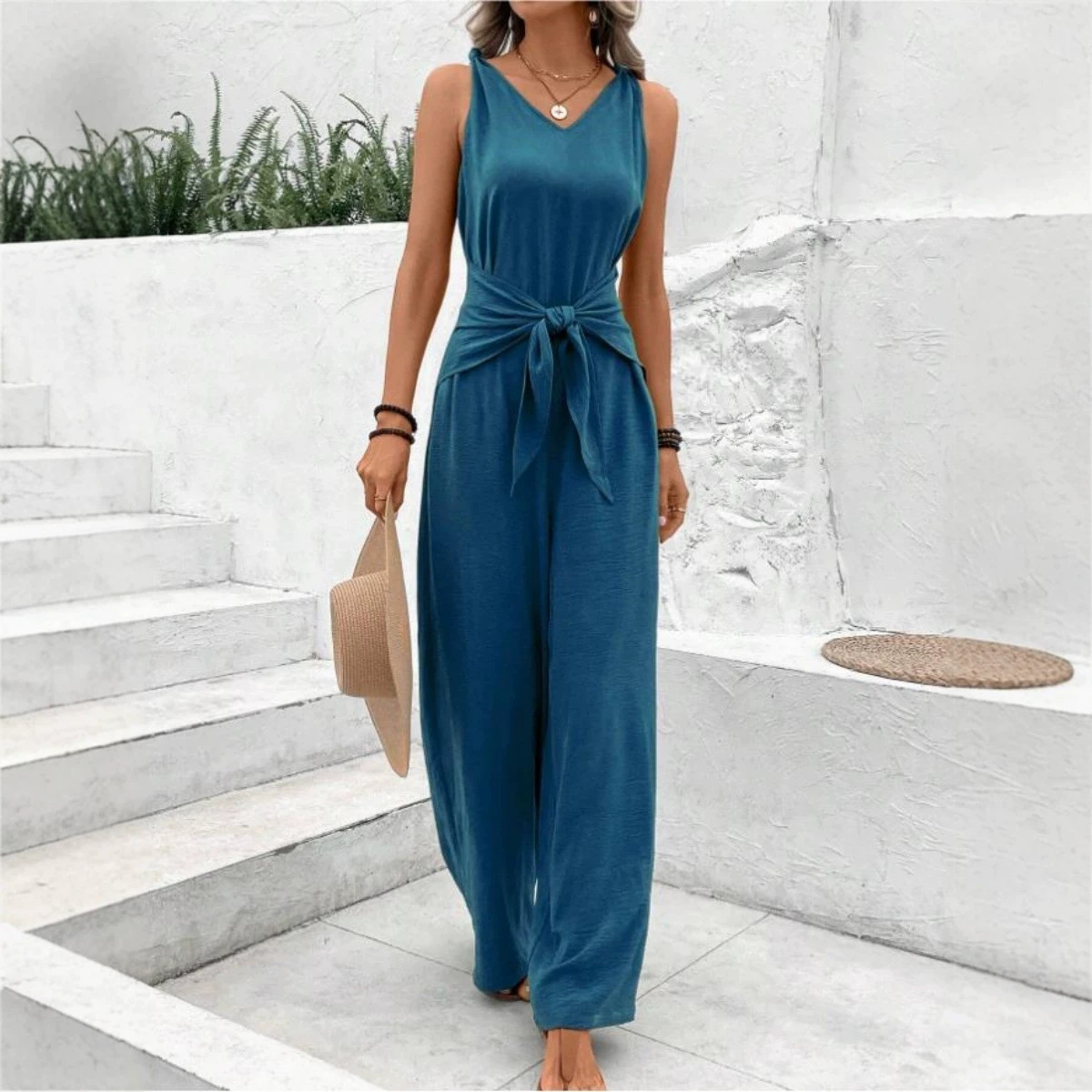Women's Sleeveless Twist Knot Wide-Leg Jumpsuit