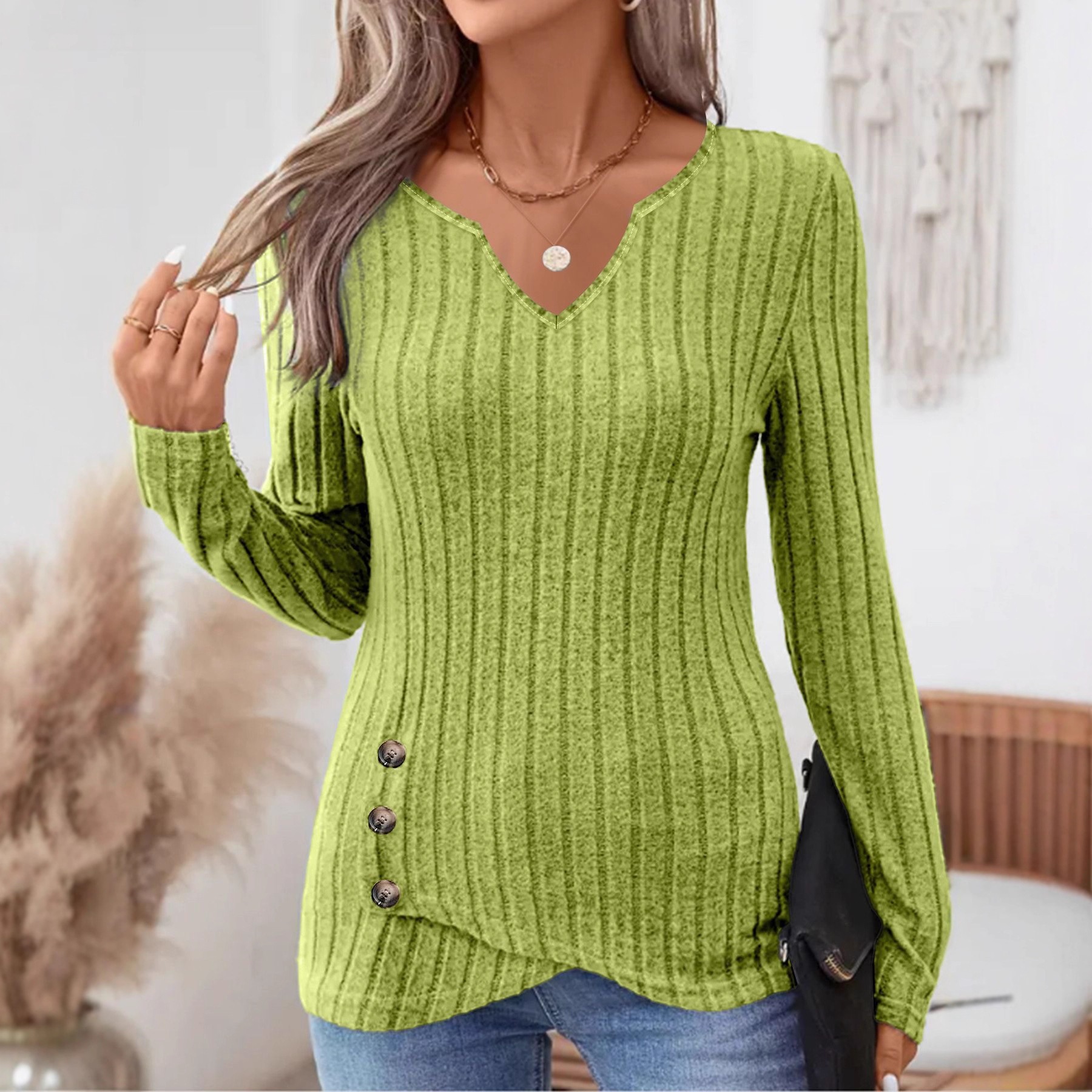 Ribbed Stretch V-Neck Long-Sleeve Top with Side Buttons and Asymmetrical Hem