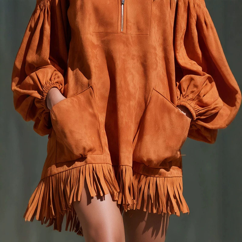 Off-Shoulder Faux Suede Polo Collar Fringe Midi Dress