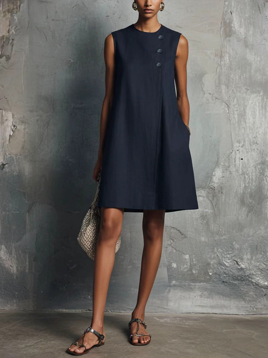 Minimalist Crewneck Sleeveless Dress with Asymmetric Buttons and Side Pockets