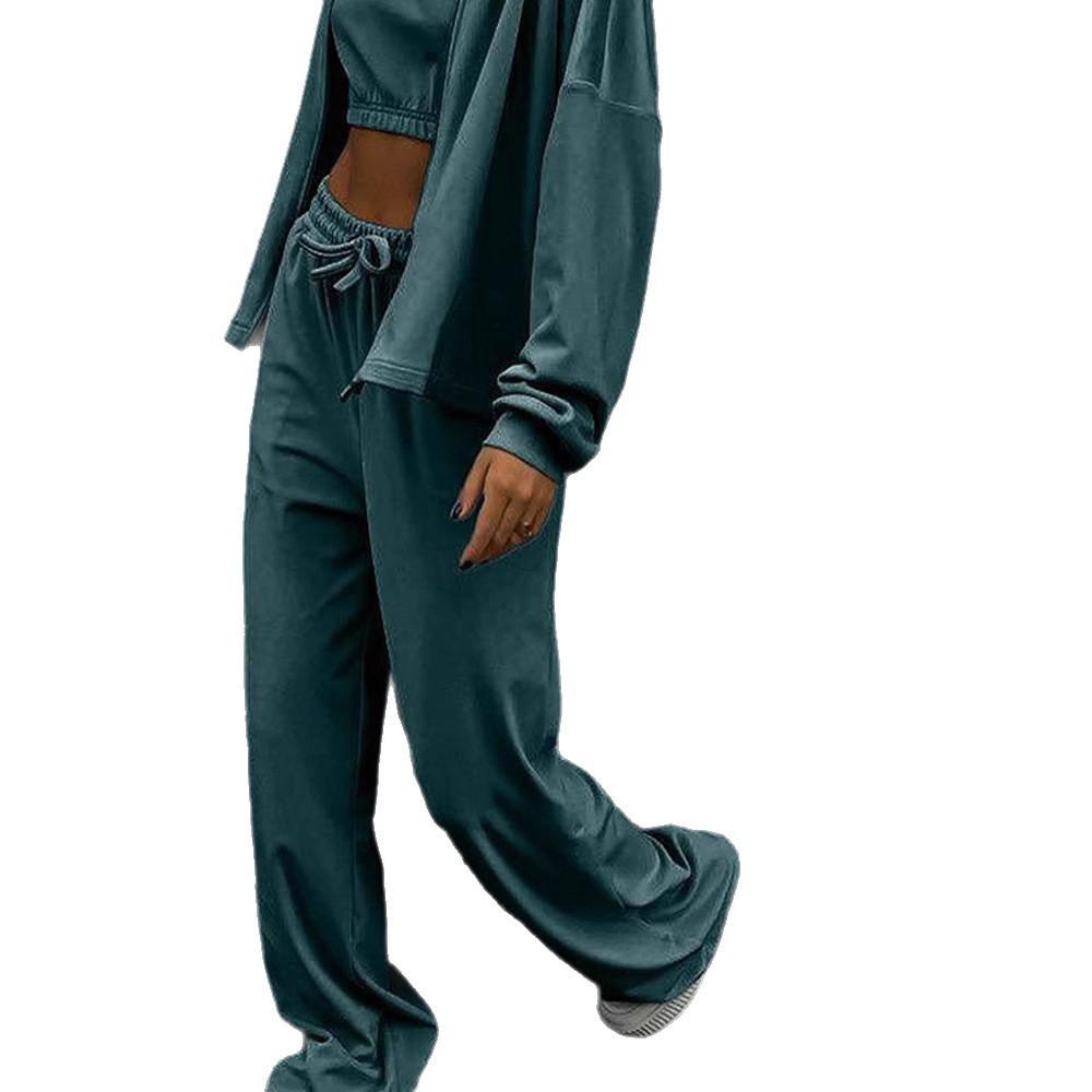 Velvet Zip Sweatshirt & Drawstring Pants Casual Set for Women