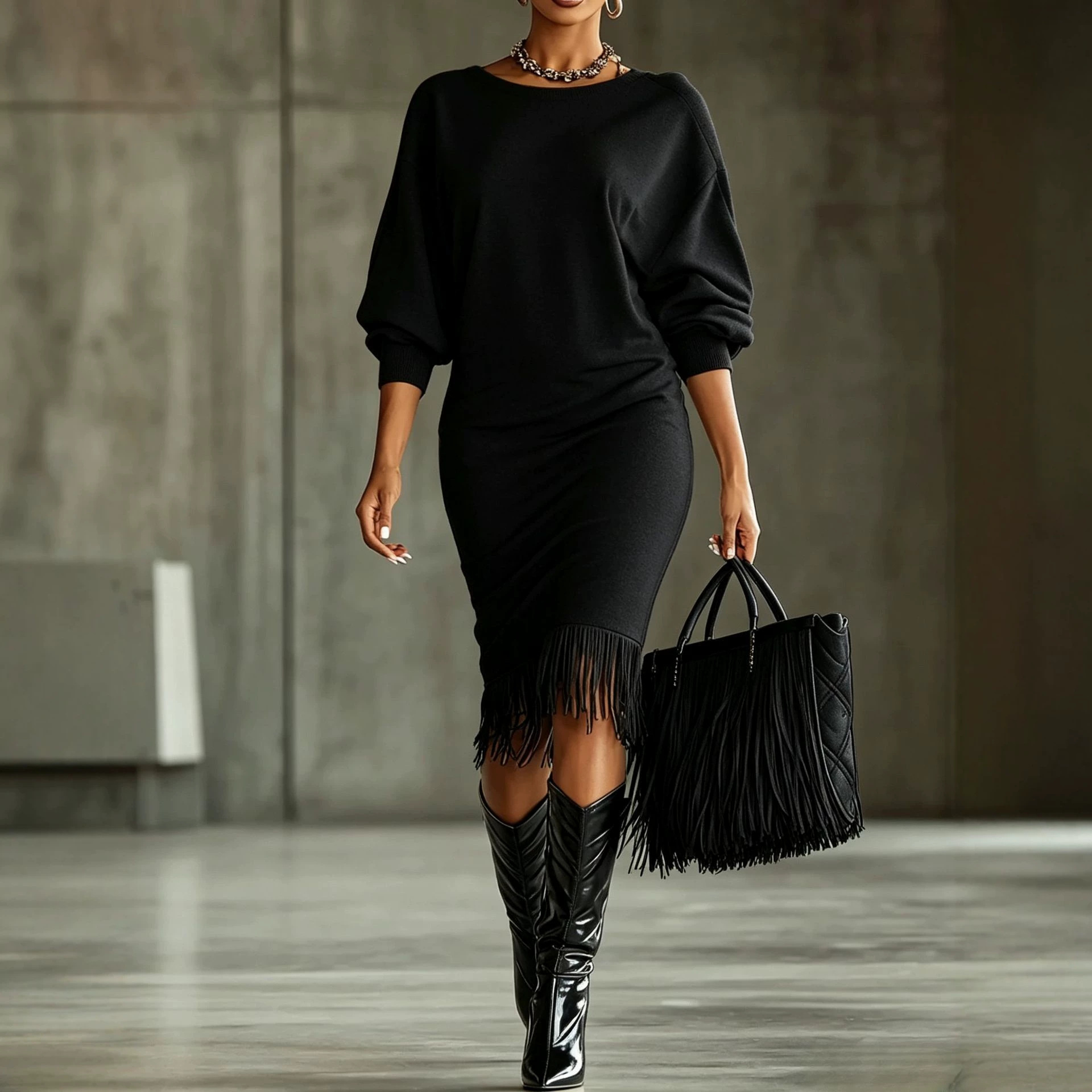 Women's Midi Fringe Dress Crew Neck Long Sleeve A-Line