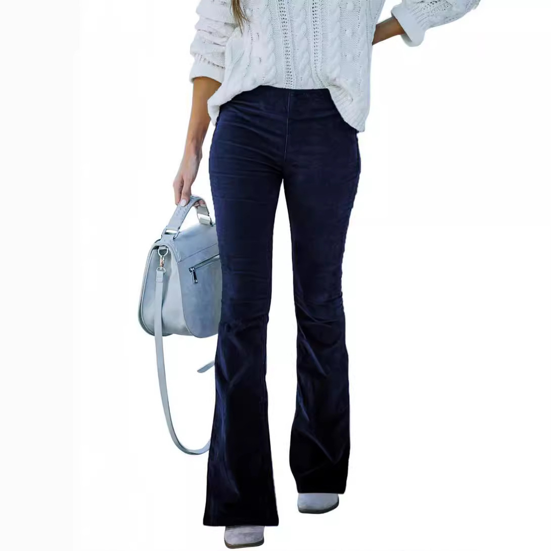 Women's Solid High-Waist Corduroy Flare Pants with Elastic Waist
