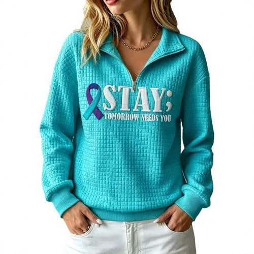 Ribbon Print Waffle Knit Collared Hoodie for Women