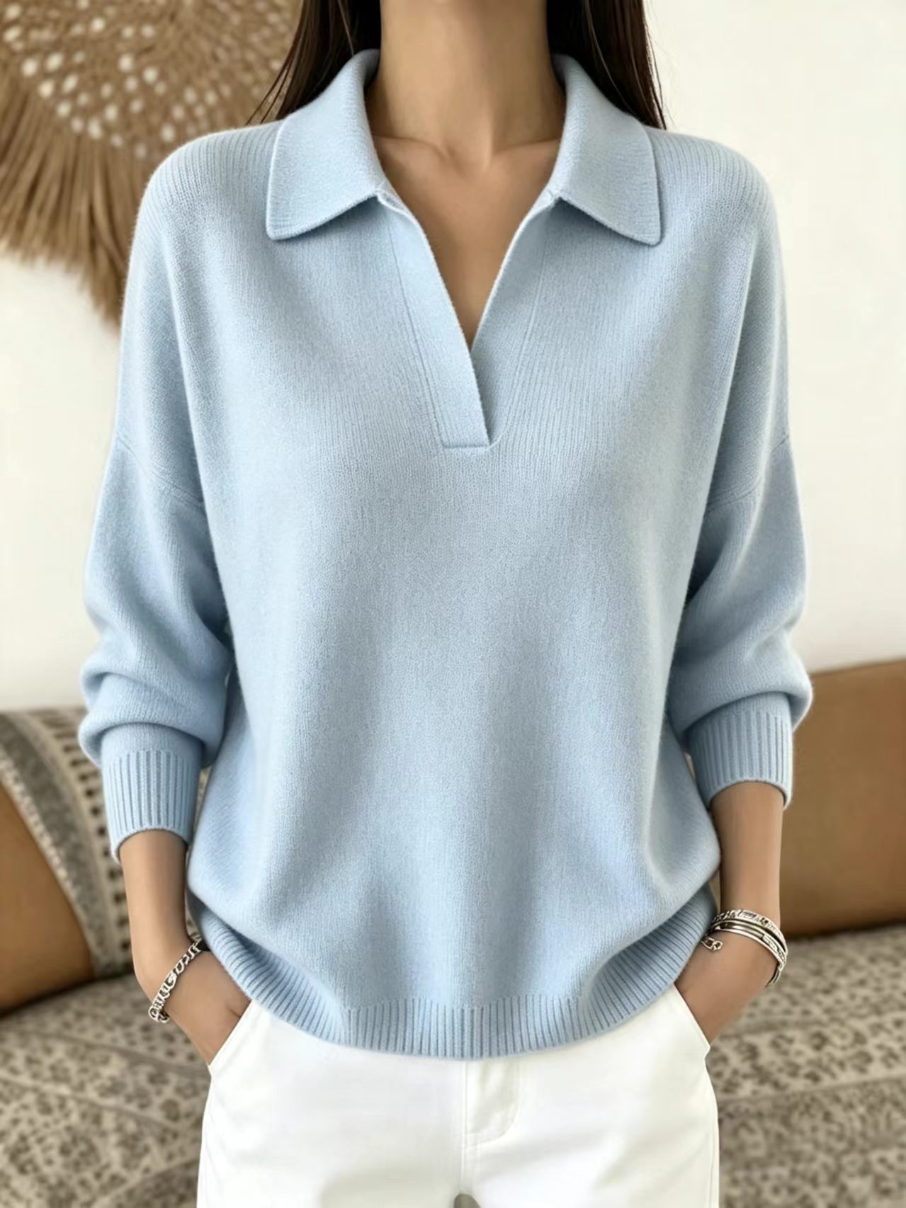 Polo Collar Knit Sweater Loose Fit V-Neck Pullover
