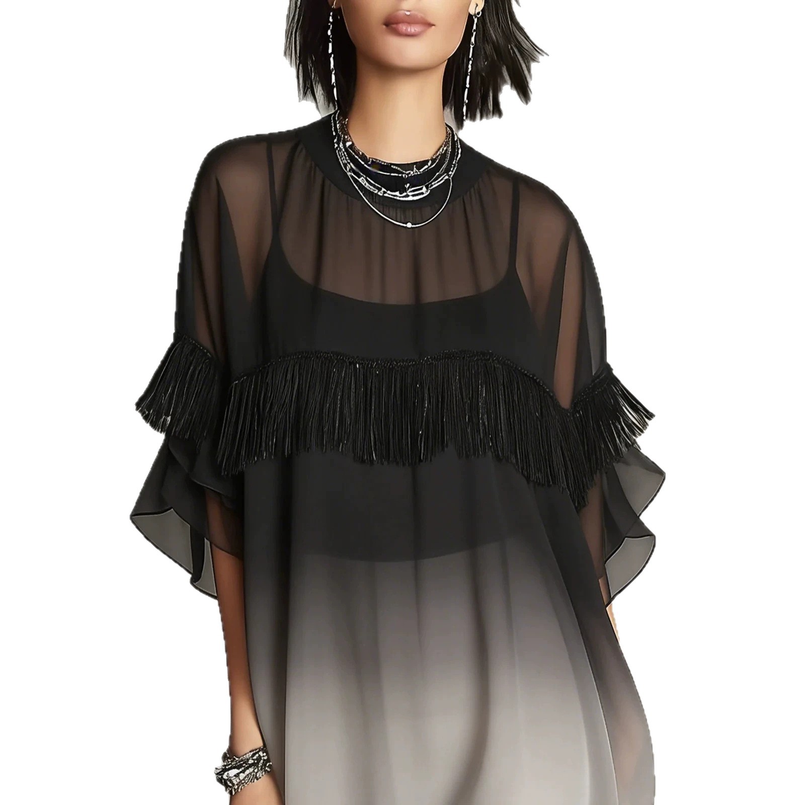 Plus Size Ruffle Trim Black Dress Short Sleeve Round Neck Loose Fit Midi