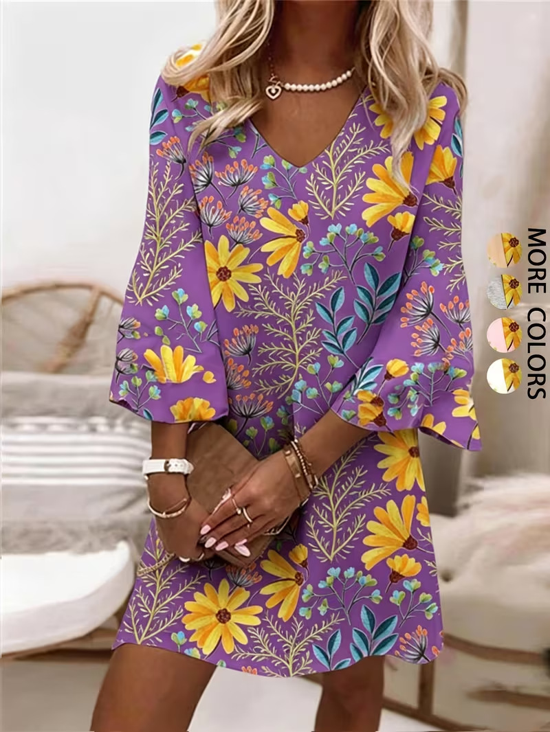 Women's Floral Print Rolled Sleeve Midi Dress