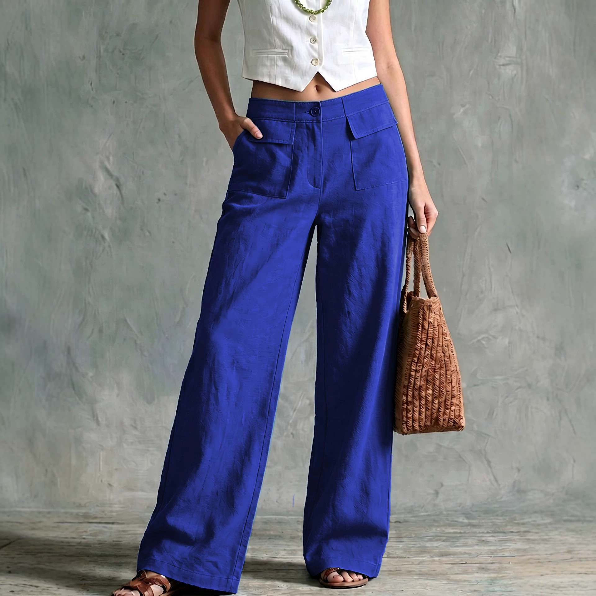 Women's Solid Cotton-Blend Wide-Leg Casual Pants High Waist Loose Fit