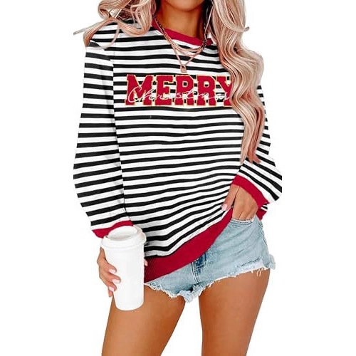 Striped Letter Merry Print Crewneck Sweatshirt