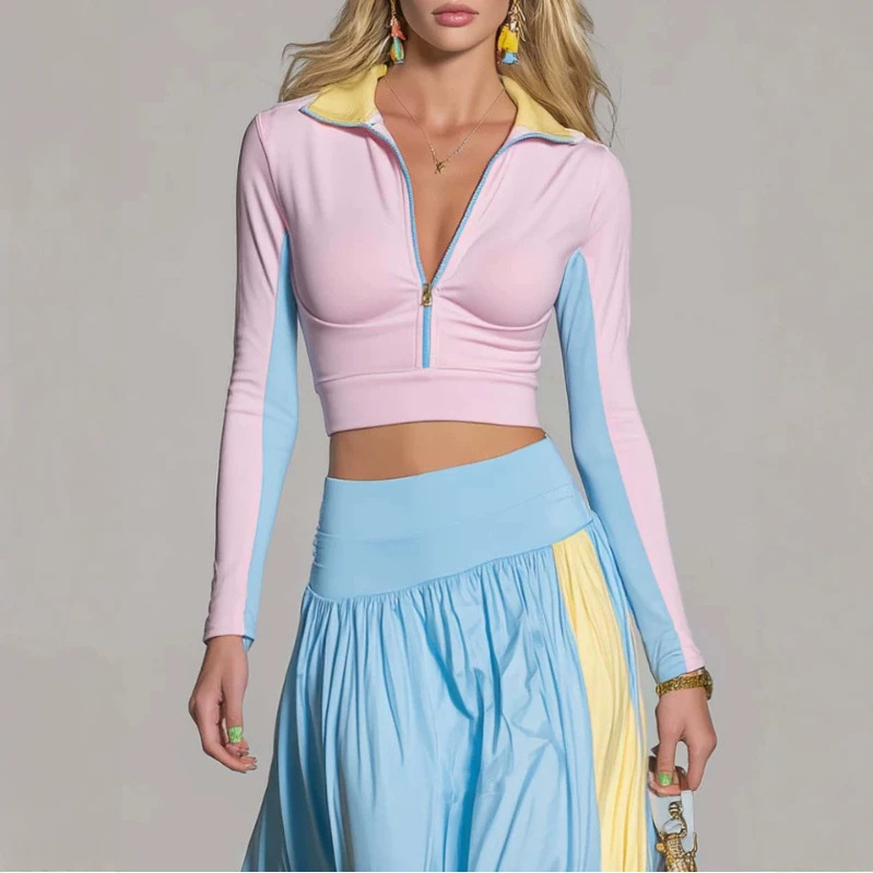 Women's Color-Block Long Sleeve Long Skirt Set Casual Two-Piece