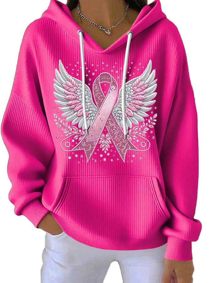 Women's Striped Hooded Long-Sleeve Sweatshirt with Cartoon Digital Print