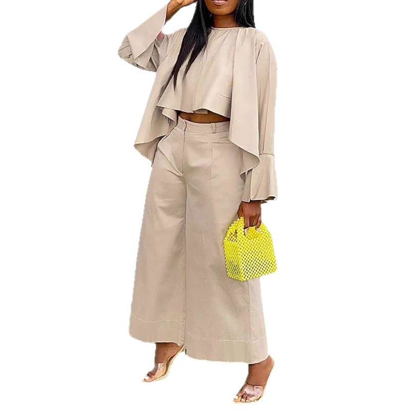 Elegant Asymmetric Long Sleeve Shirt and Straight Leg Pants Two-Piece Set