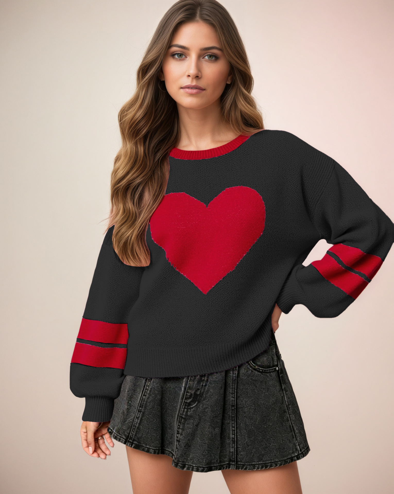 Heart Jacquard Knit Sweater Women's Lazy Round Neck Pullover